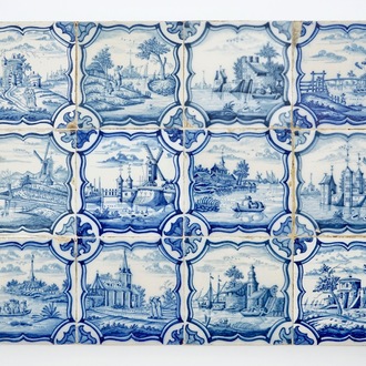 Un panneau de 12 carreaux en faïence de Delft bleu et blanc, 18ème